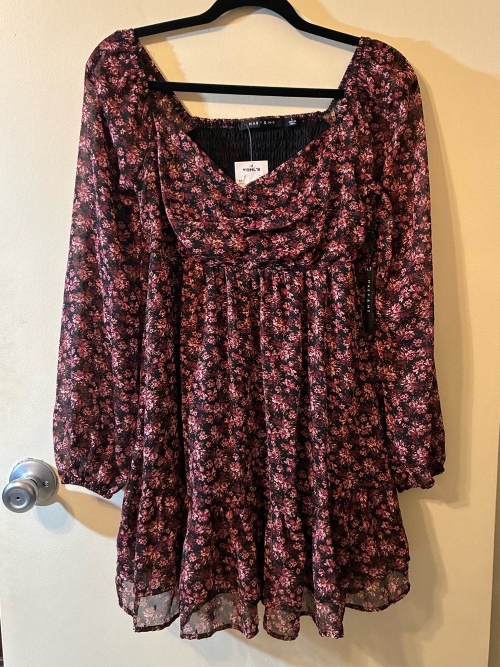 NWT Long Sleeve Floral Mini Babydoll Dress Sheer Tiered Y2K Cottagecore Peasant